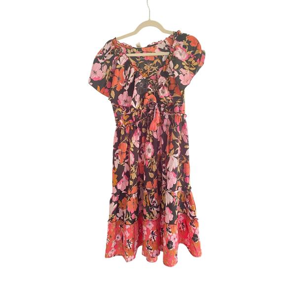 Anthropologie RAGA Flutter Sleeve Floral Dress, Pink Orange Black,  Large - Picture 2 of 9